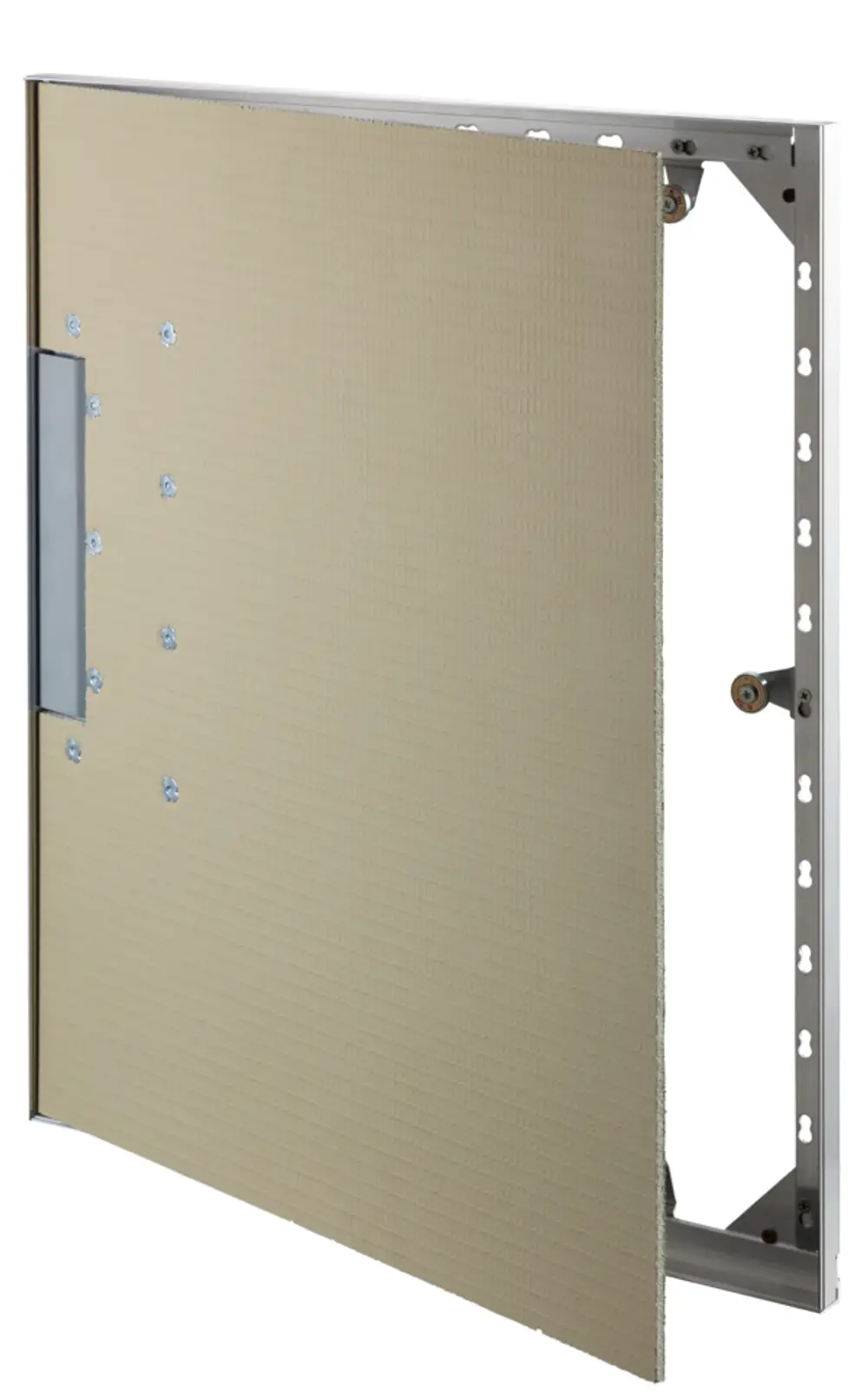 Oventrop Revisionsrahmen aus Aluminium mit einer beige Oberfläche. Der Rahmen ist für die einfache Befestigung von Fliesen geeignet.
